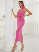 Pink halter dress with floral collar in Elegant Retro Sling Backless Maxi Dress style