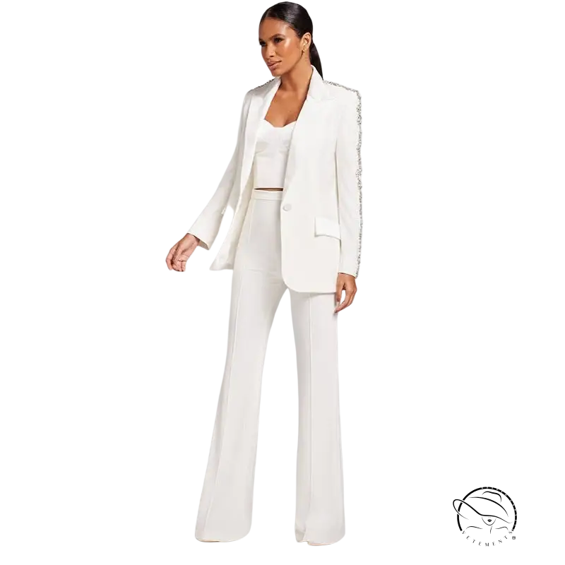 Elegant white pantsuit with rhinestone embellished sleeves and slim bootcut pants