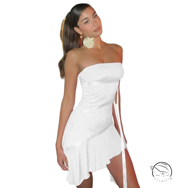 Woman in a short white sexy strapless dress with ribbon ruffled hem for elegant style