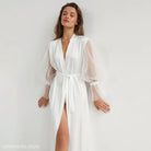 White satin long sleeve maxi dress with sheer sleeves and tie waist, perfect comfortable homewear