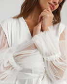 White elegant satin lace long sleeve maxi dress with sheer ruffled sleeves, perfect for comfortable homewear