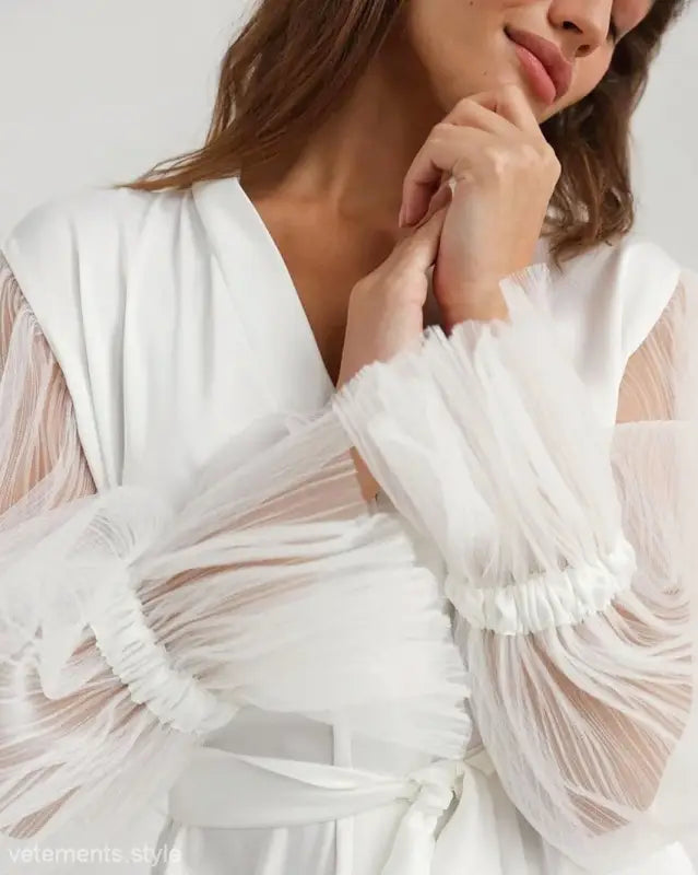 White elegant satin lace long sleeve maxi dress with sheer ruffled sleeves, perfect for comfortable homewear