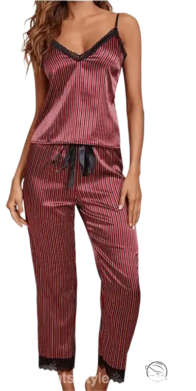 Elegant satin silk pajamas set in maroon and black stripes with lace trim