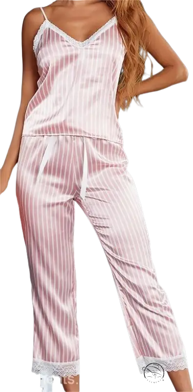 Elegant satin silk pajamas set in pink with white stripes and lace trim