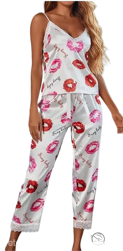 Elegant satin silk pajamas set with pink lipstick print and lace trim