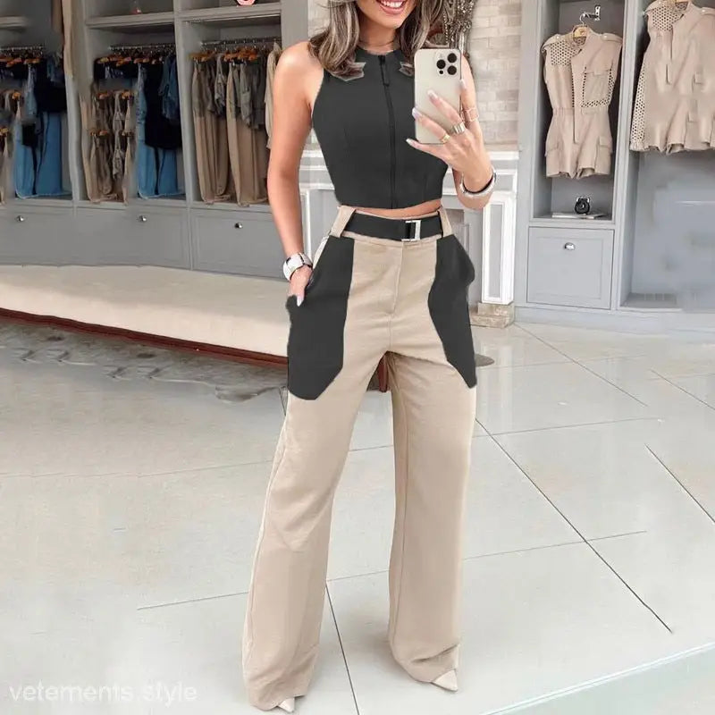 Fashionable casual two-piece set featuring trousers and top from Vetements Style
