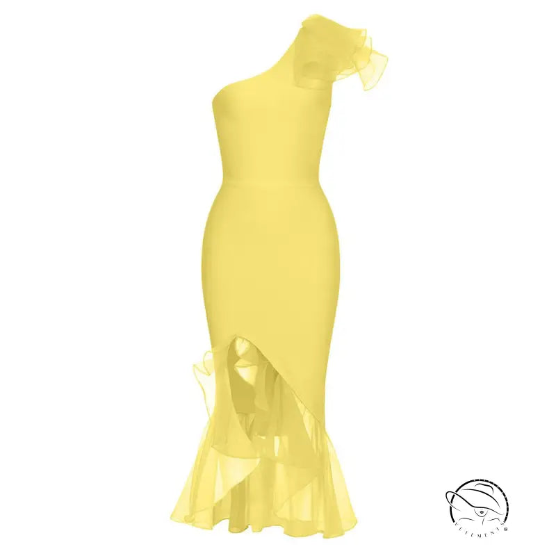 Sexy fishtail long bandage dress in yellow with one-shoulder ruffles