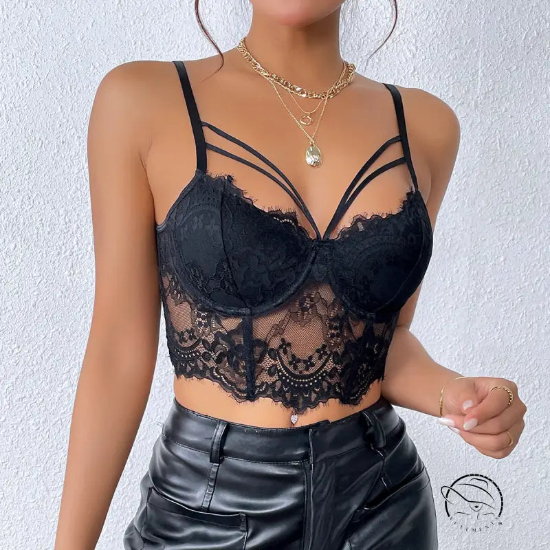 Black lace camisole corset with delicate straps and sweetheart neckline for summer wear