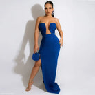 Strapless blue gown featuring thigh-high slit, ideal for year events as a slim fit dress