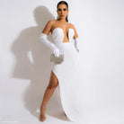 Elegant slim fit maxi dress with gloves for year events and parties in pristine white
