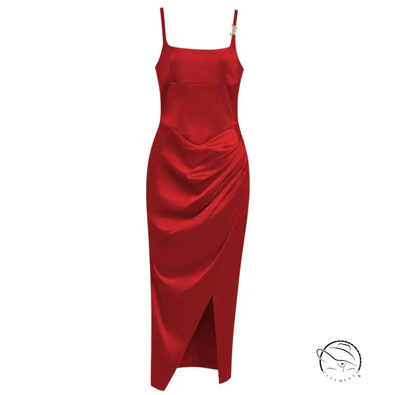 Vibrant red satin slim fit party dress with square neckline and side slit