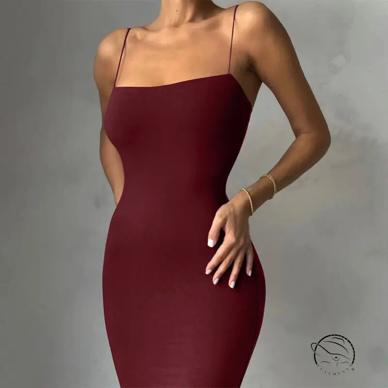Burgundy sexy sling maxi dress with thin spaghetti straps
