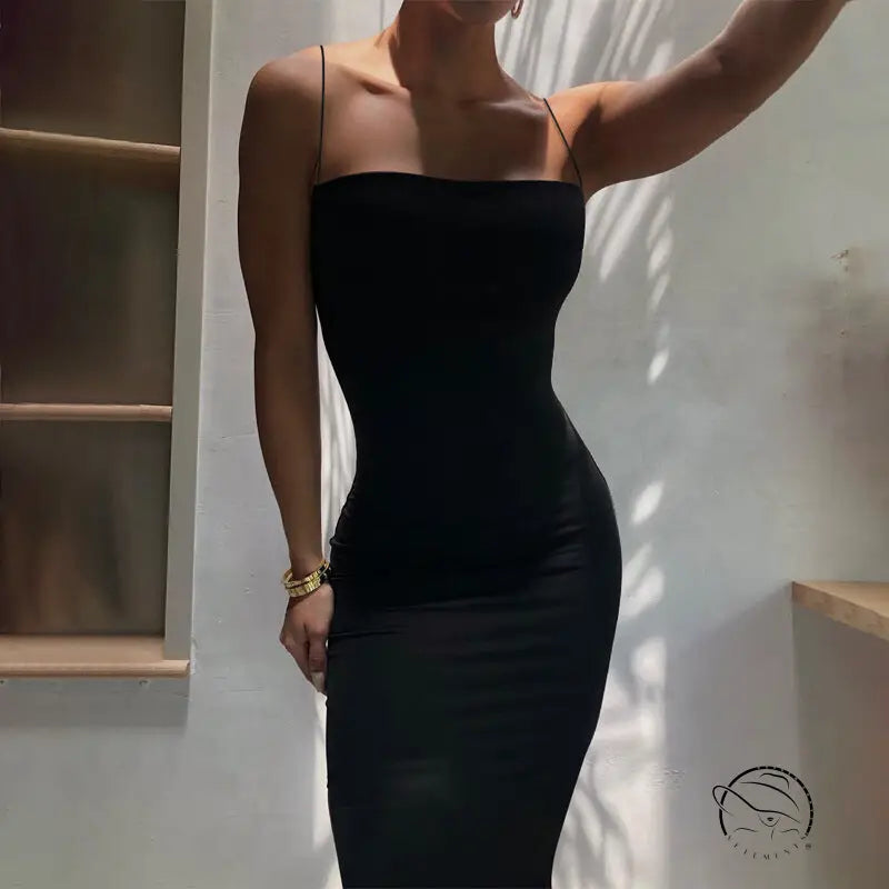 Sleek black sexy sling maxi dress with thin spaghetti straps