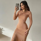 Tan form-fitting sexy split hip dress from the Elegant Split Hip Dress Set