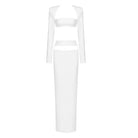 White long-sleeved crop top and maxi skirt two-piece set for a stylish look
