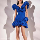 Vibrant blue lady short dress with exaggerated ruffles and short stitching slim design