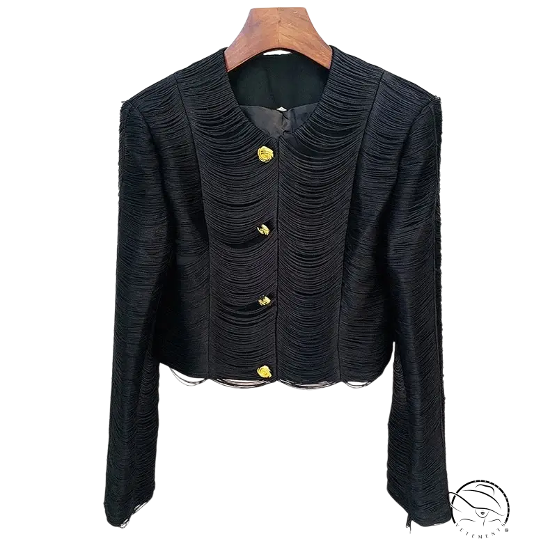 Black cropped tassel short jacket with textured fabric and gold buttons, ideal for stars tassel set