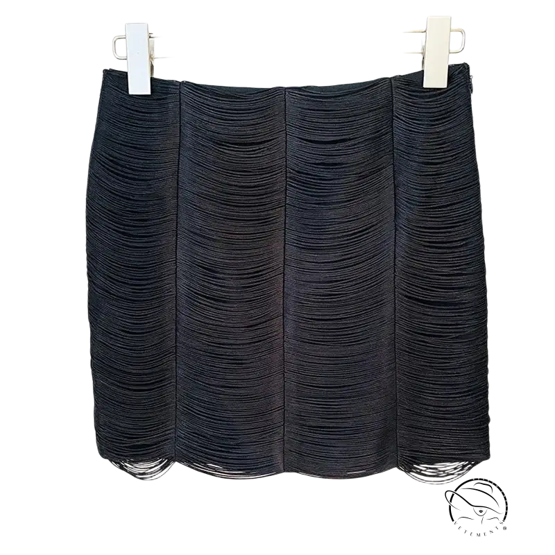 Black textured mini skirt with horizontal pleated layers, part of Stars Tassel Short Jacket set