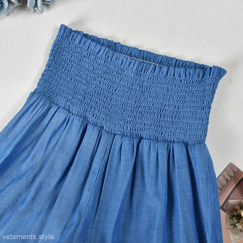 Blue smocked skirt from Elegant Slim Pants Suit with Ruffle and Smocked Strapless Design