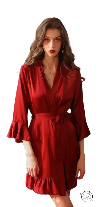 Elegant red spandex wrap dress with ruffled belted sleeves and hem