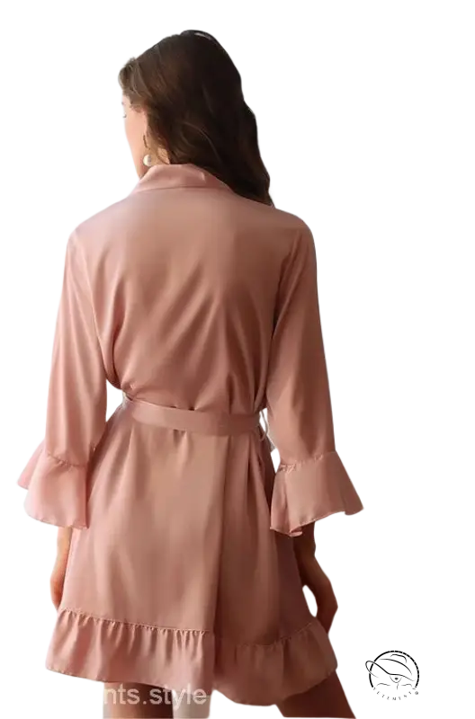 Pink silk lotus robe with ruffled sleeves and belted waist