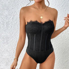 Elegant Strapless Boning Corset in Black Lace, featuring Tulle Accents and intricate design