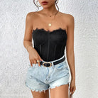 Elegant Strapless Boning Corset featuring Black Lace and Tulle Accents