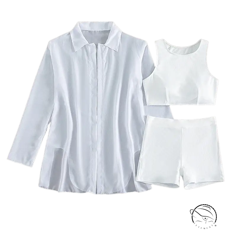 Elegant three piece sexy bikini with white button-up shirt