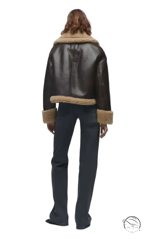 Brown faux leather jacket with shearling trim from Fabulse Winter Short Coat collection