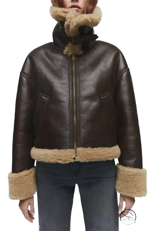 Brown leather aviator jacket with shearling trim from Fabulse Winter Short Coat collection