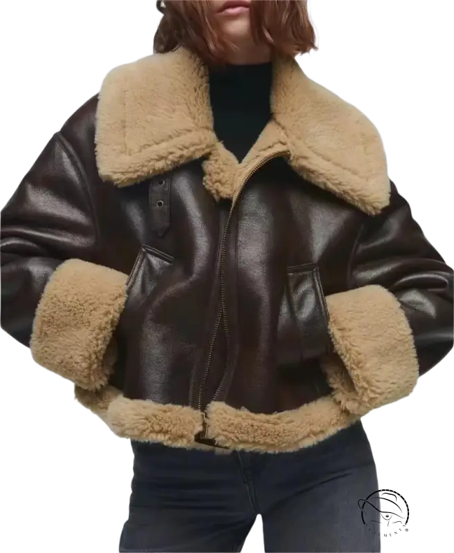 Brown faux leather aviator jacket with shearling trim, fabulse winter short coat for cold weather