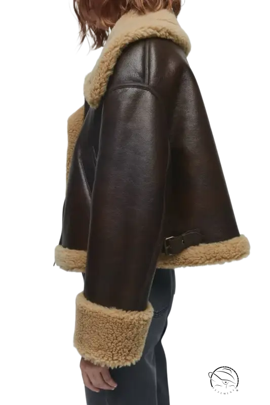 Brown leather aviator jacket with shearling trim from Fabulse Winter Short Coat collection
