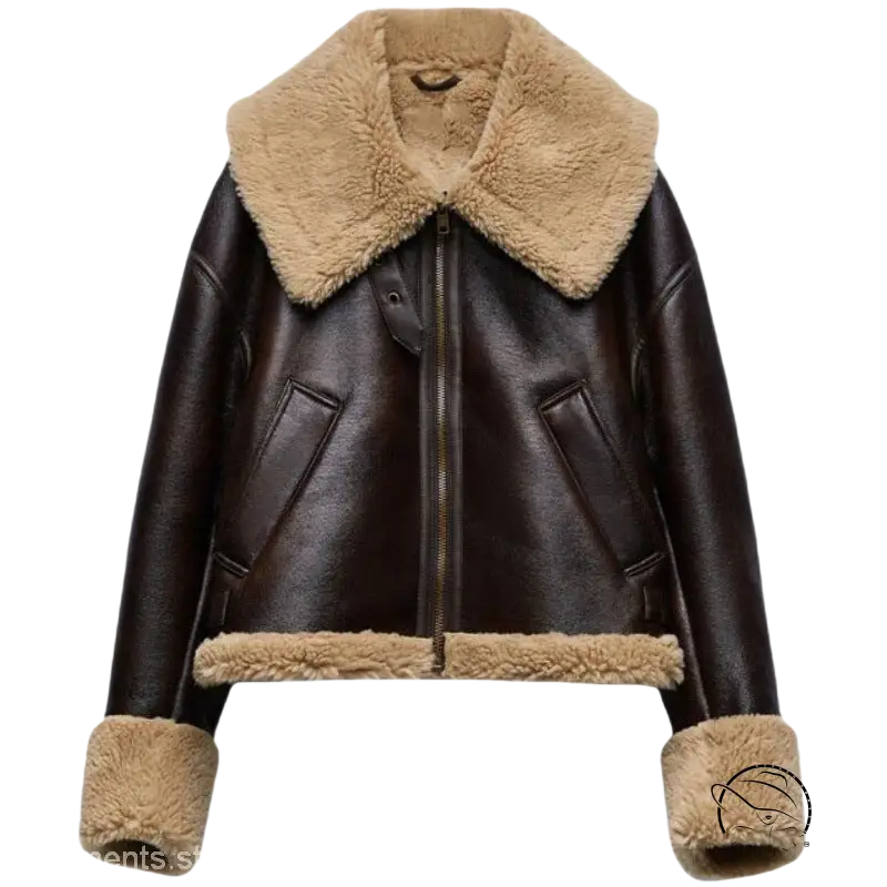 Brown leather jacket with fur trim from Fabulse Winter Short Coat collection