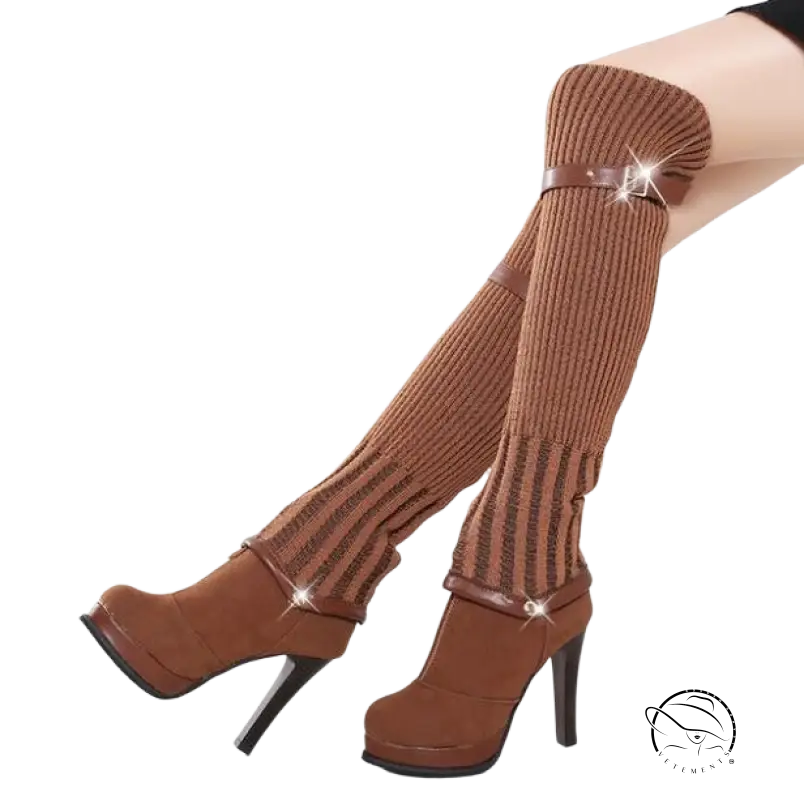 Brown fashion long thigh knitting knee boots with high heel height