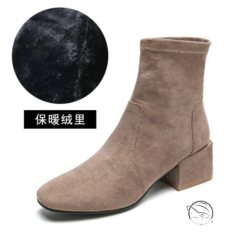 Beige suede ankle boot with low block heel in apricot colored velvet