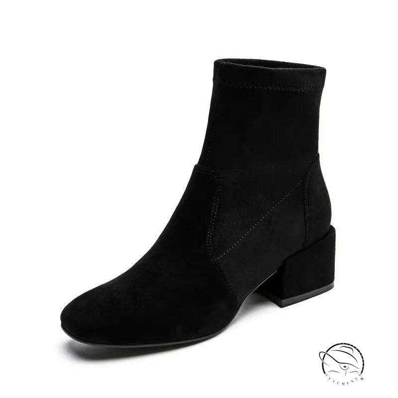 Black velvet square toe ankle boot with low block heel