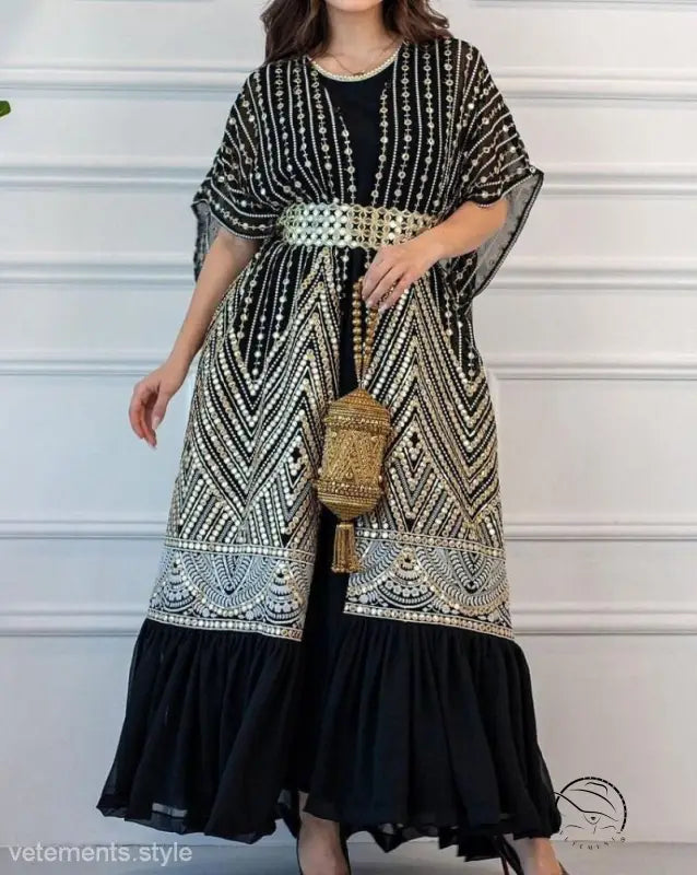 Ornate black and white patterned fashionable urban casual maxi dress with gold belt