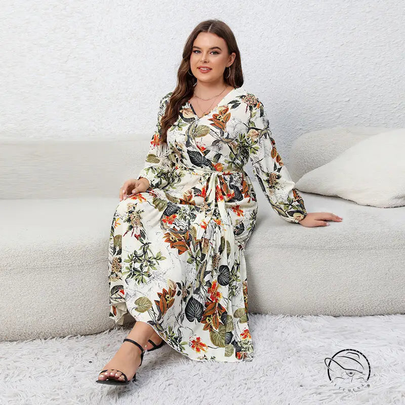 Floral loose swing dress with long sleeves and belted waist