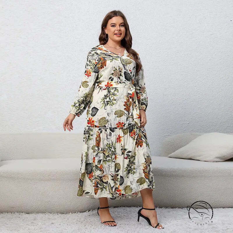 Floral loose swing dress with long sleeves and tiered maxi skirt
