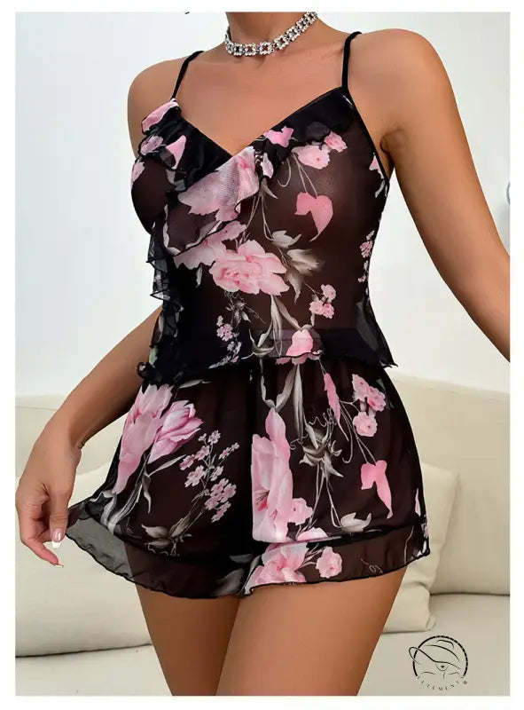Black sheer floral print cami top and shorts set from Floral Pajamas Set with Mesh Sleeves and Ruffle Detail, ideal for sexy mesh floral pajamas enthusiasts