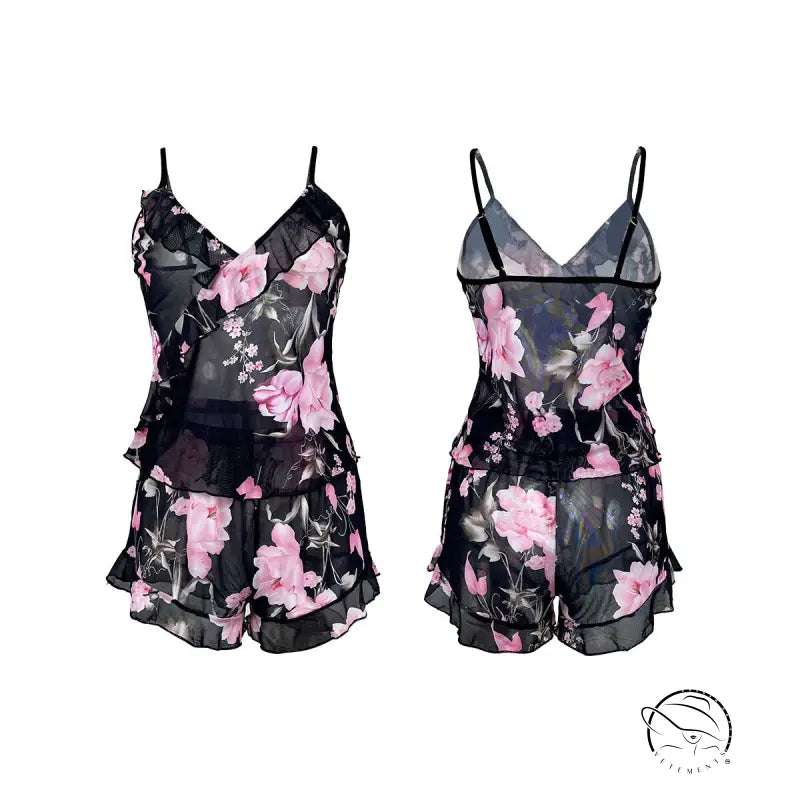 Black floral print two-piece pajama set with sexy mesh floral pajamas design and ruffle detail