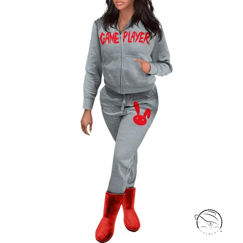 Gray tracksuit with GAME PLAYER text and red bunny graphic styled with red boots