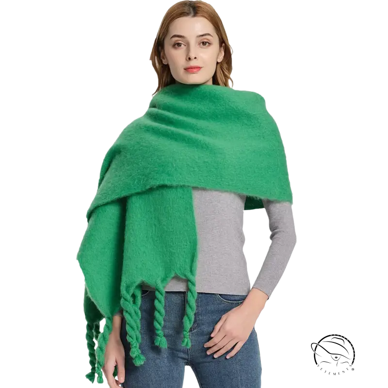 Green fringed shawl wool scarf for stylish winter wear, perfect for cold weather outfits