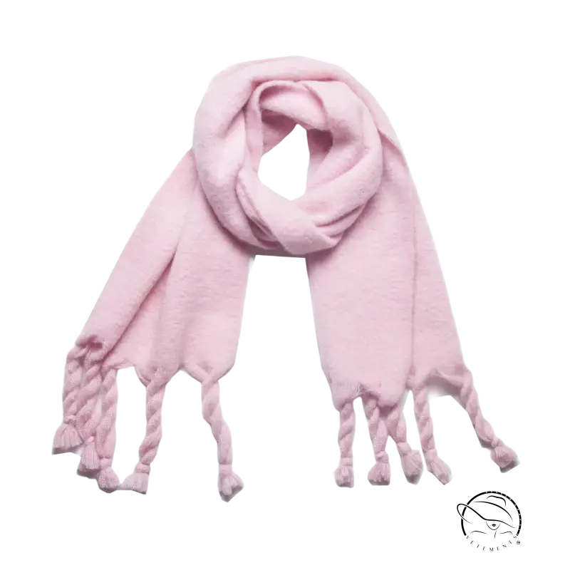 Pink knitted wool scarf with braided tassels for stylish winter wear