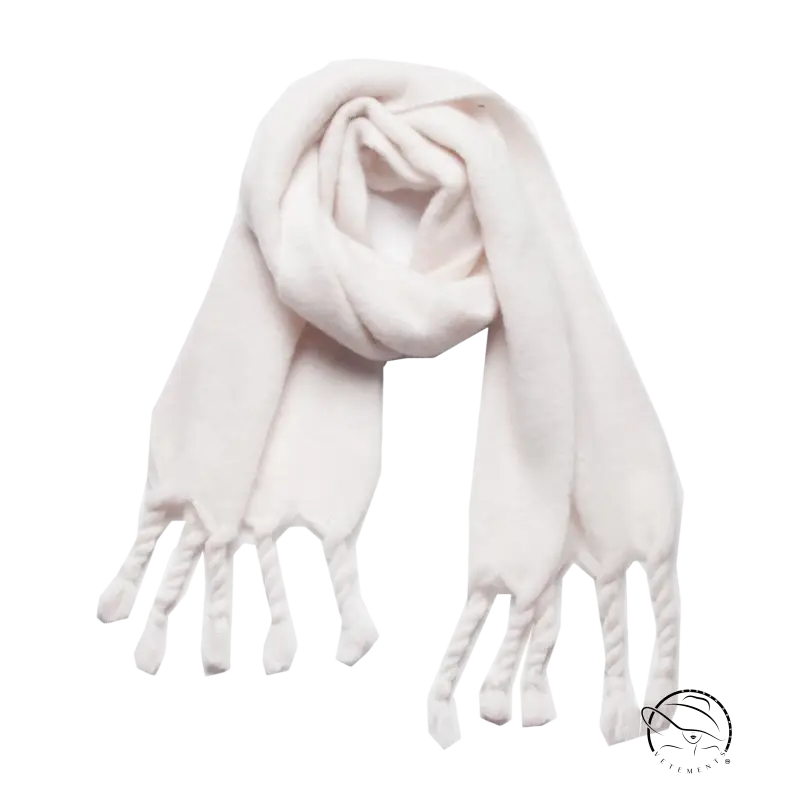 White knitted wool scarf with tassels, perfect for winter wear and stylish shawl options