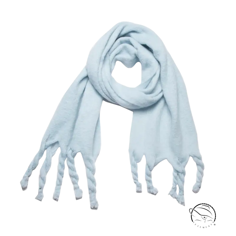 Light blue fringed wool scarf, perfect for winter wear and stylish layering