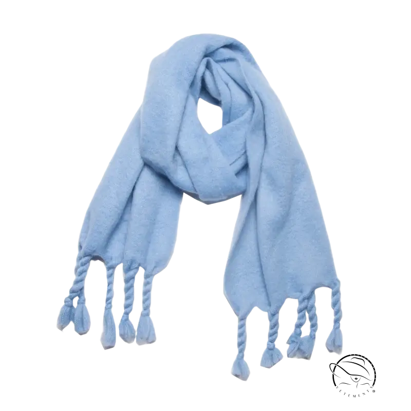 Light blue tasseled shawl wool scarf, perfect for winter wear with all-over print