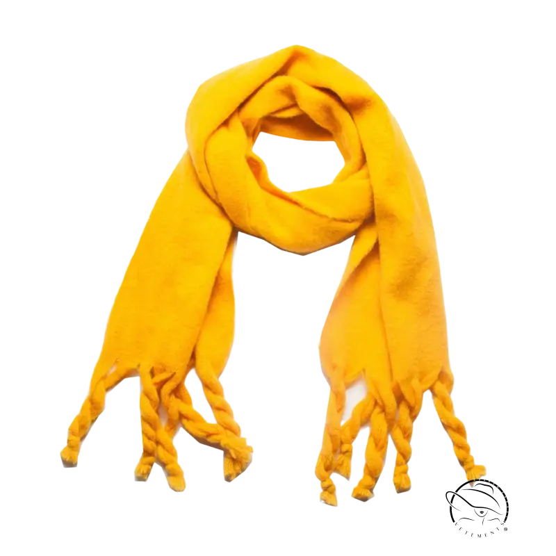Yellow fringed scarf featured in a stylish wool scarf winter collection