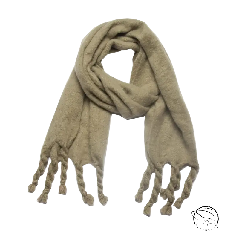 Beige tasseled shawl wool scarf, perfect for stylish winter wear with all-over print
