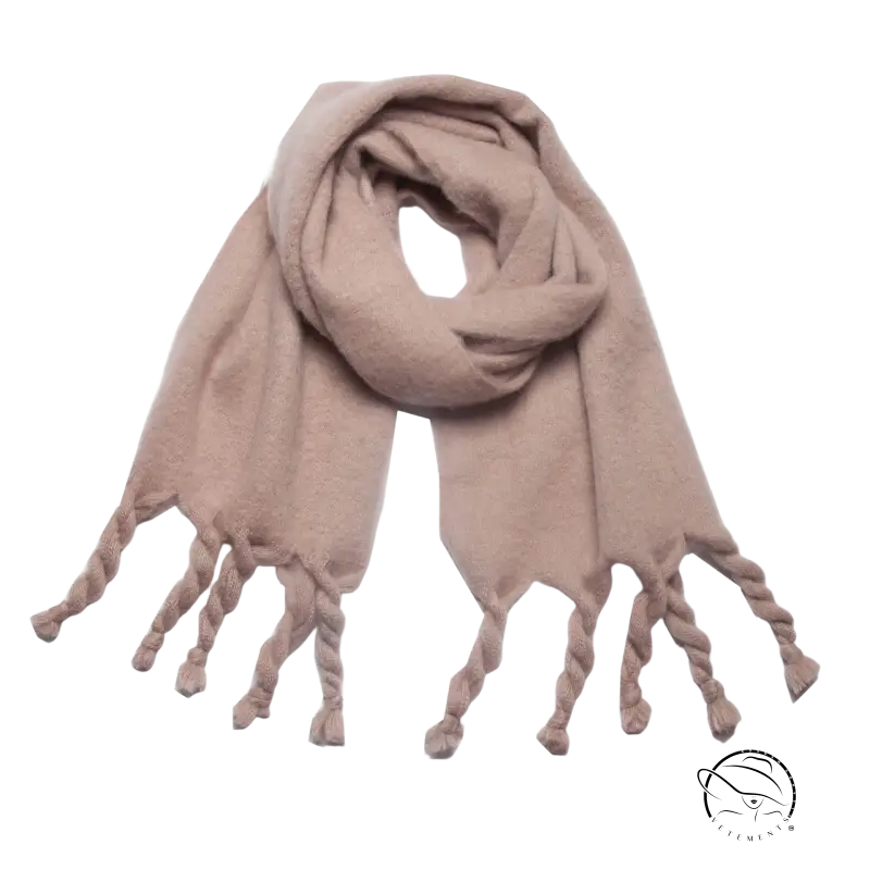 Light brown knitted wool scarf with twisted fringe perfect for winter wear